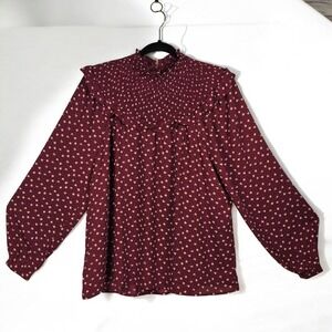 Loft Peasant Top Woman Large Burgundy Floral Smocked Ruffle‎ Mock Neck Cottage